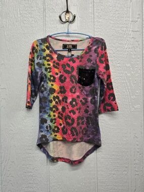 NWT Small L&B Girls' Rainbow Leopard Long Sleeve Top with Black Sequin Pocket